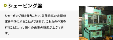 シェービング盤を使うことで、各種歯車の表面粗度を平滑にすることができます。これらの作業を行うことにより、個々の歯車の精度が上がります。