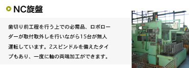 歯切り前工程を行う上での必需品、ロボローダーが取付取外しを行いながら15台が無人運転しています。2スピンドルを備えたタイプもあり、一度に軸の両端加工ができます。