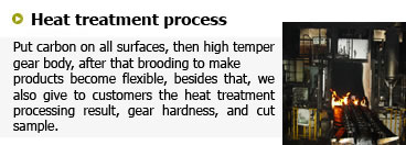 全面浸炭焼入、歯面高周波焼入、ガス軟窒化も一貫生産が可能、また熱処理成績表、歯面硬度成績表、カットサンプルの提出もできます。